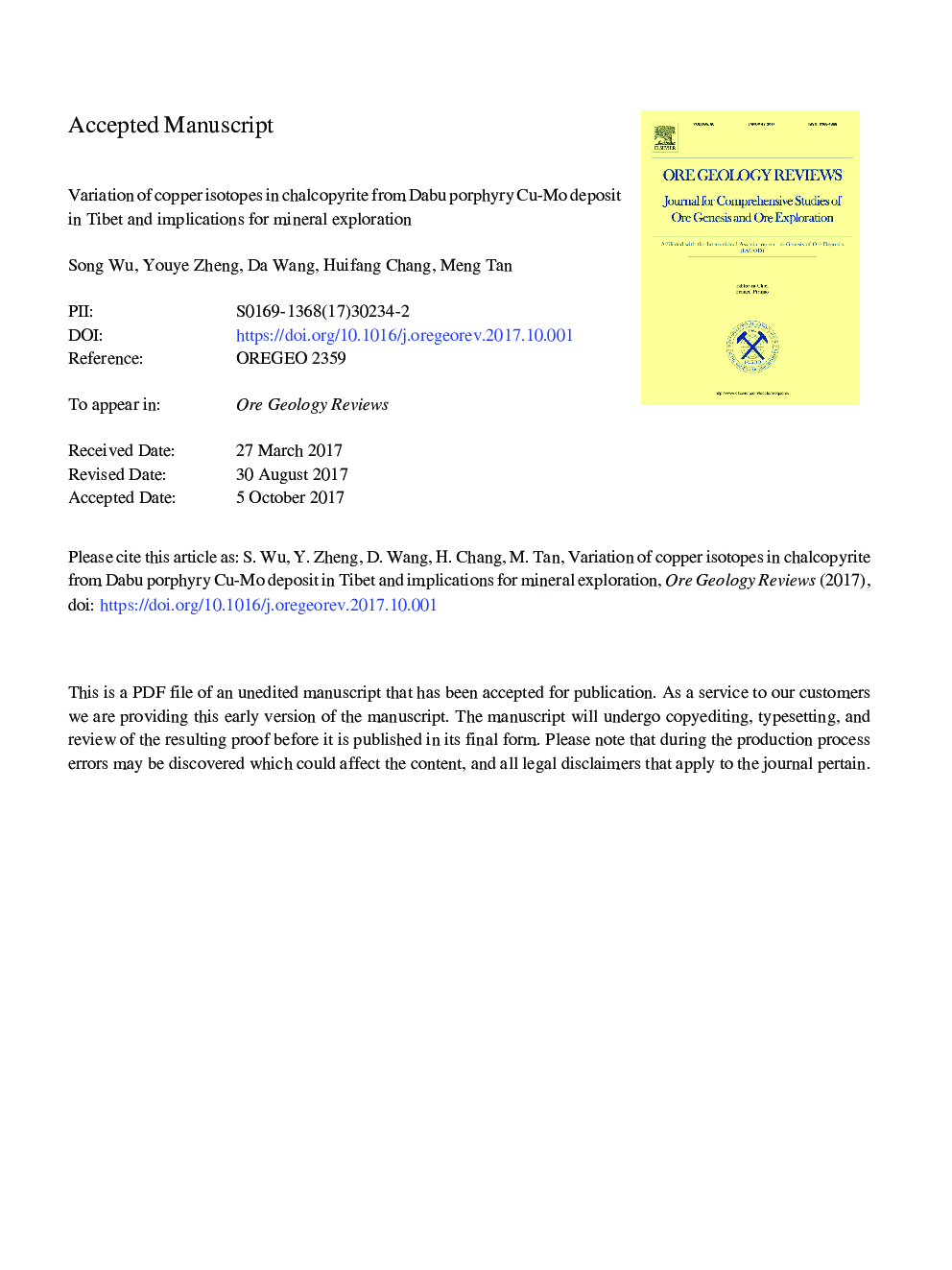 Variation of copper isotopes in chalcopyrite from Dabu porphyry Cu-Mo deposit in Tibet and implications for mineral exploration