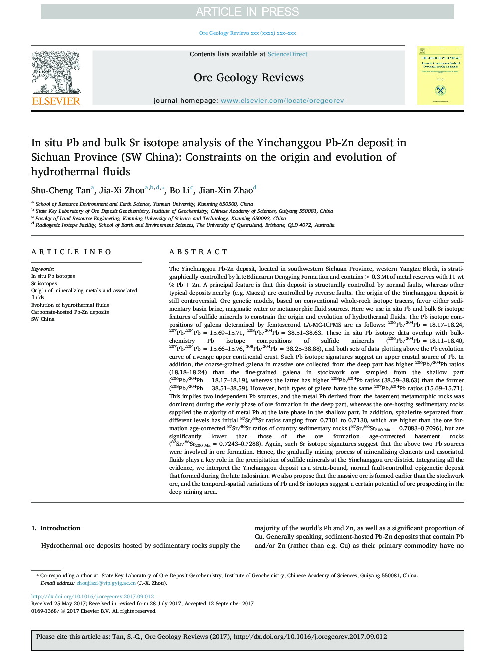 In situ Pb and bulk Sr isotope analysis of the Yinchanggou Pb-Zn deposit in Sichuan Province (SW China): Constraints on the origin and evolution of hydrothermal fluids