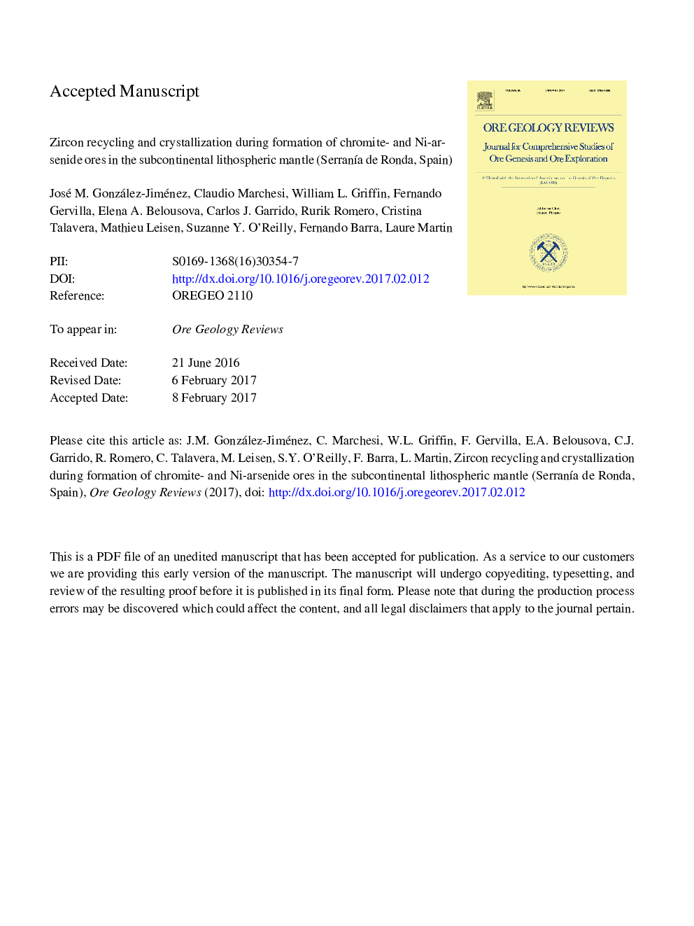 Zircon recycling and crystallization during formation of chromite- and Ni-arsenide ores in the subcontinental lithospheric mantle (SerranÃ­a de Ronda, Spain)