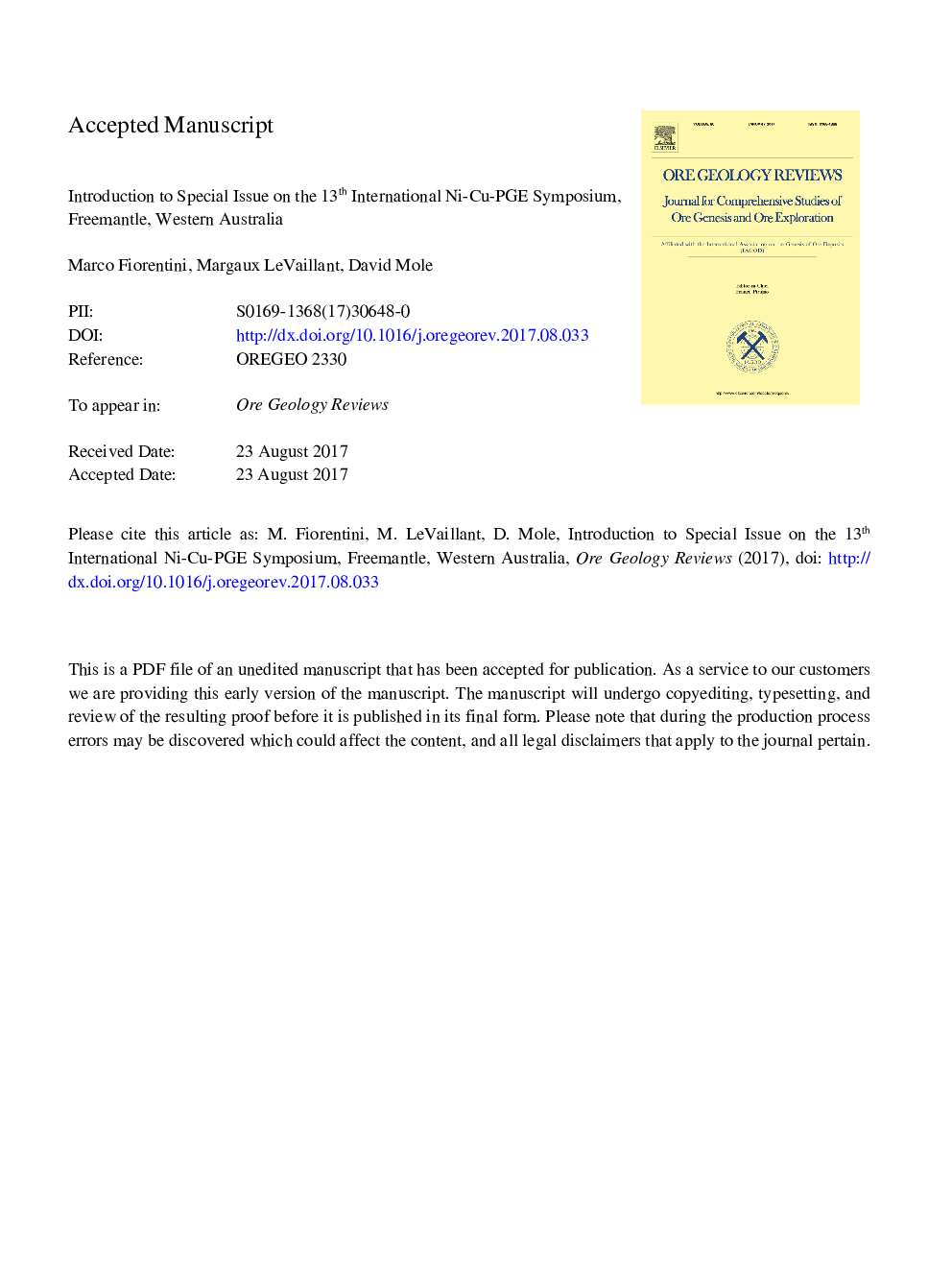 Special Issue on the 13th International Ni-Cu-PGE Symposium, Fremantle, Western Australia
