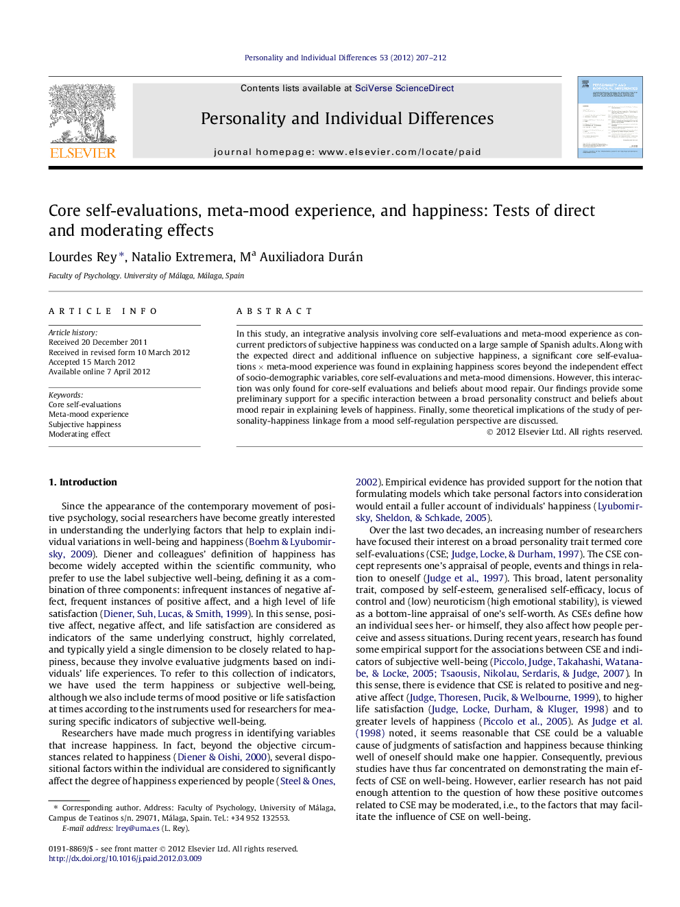 Core self-evaluations, meta-mood experience, and happiness: Tests of direct and moderating effects