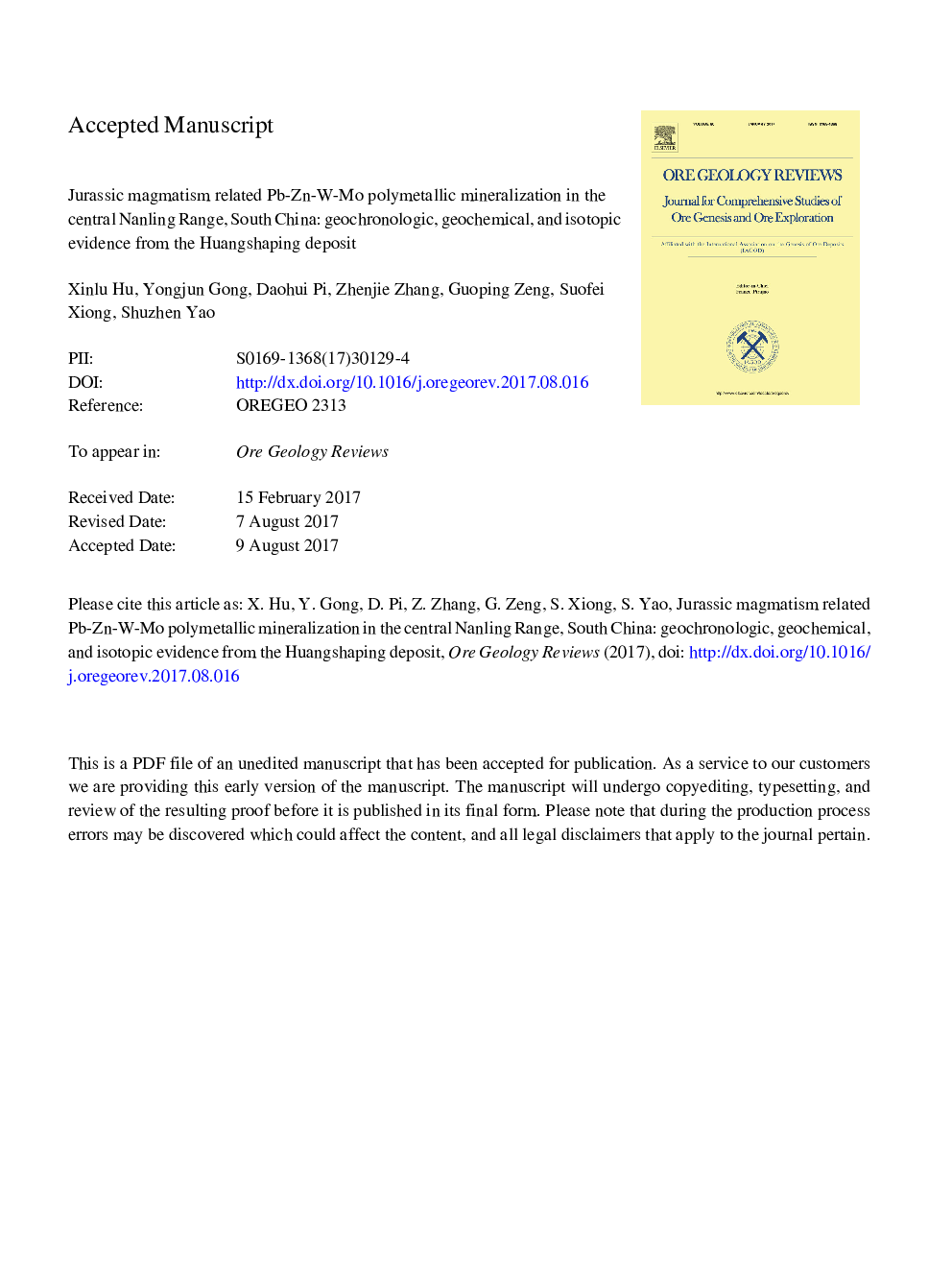 Jurassic magmatism related Pb-Zn-W-Mo polymetallic mineralization in the central Nanling Range, South China: Geochronologic, geochemical, and isotopic evidence from the Huangshaping deposit