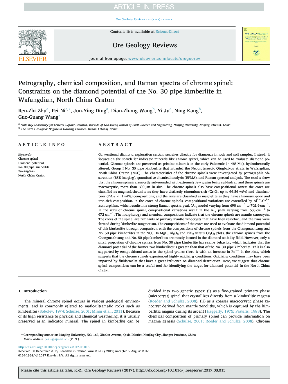 Petrography, chemical composition, and Raman spectra of chrome spinel: Constraints on the diamond potential of the No. 30 pipe kimberlite in Wafangdian, North China Craton