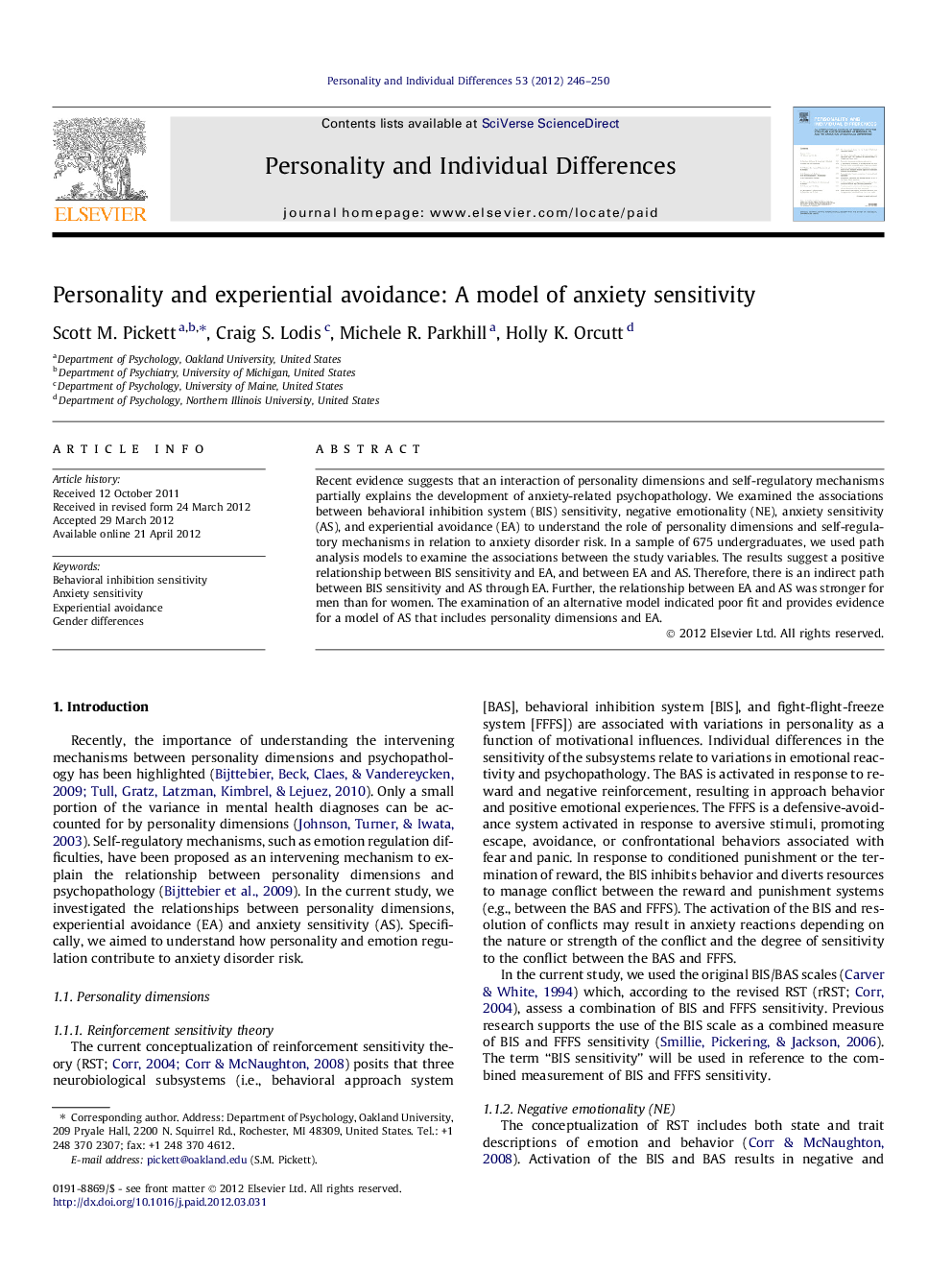 Personality and experiential avoidance: A model of anxiety sensitivity