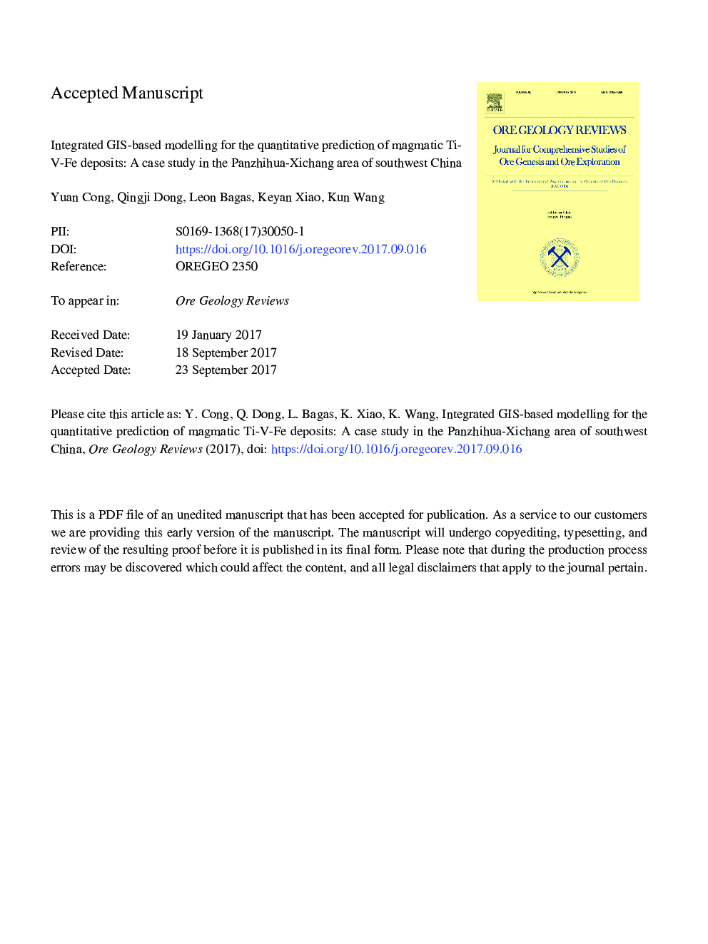 Integrated GIS-based modelling for the quantitative prediction of magmatic Ti-V-Fe deposits: A case study in the Panzhihua-Xichang area of southwest China