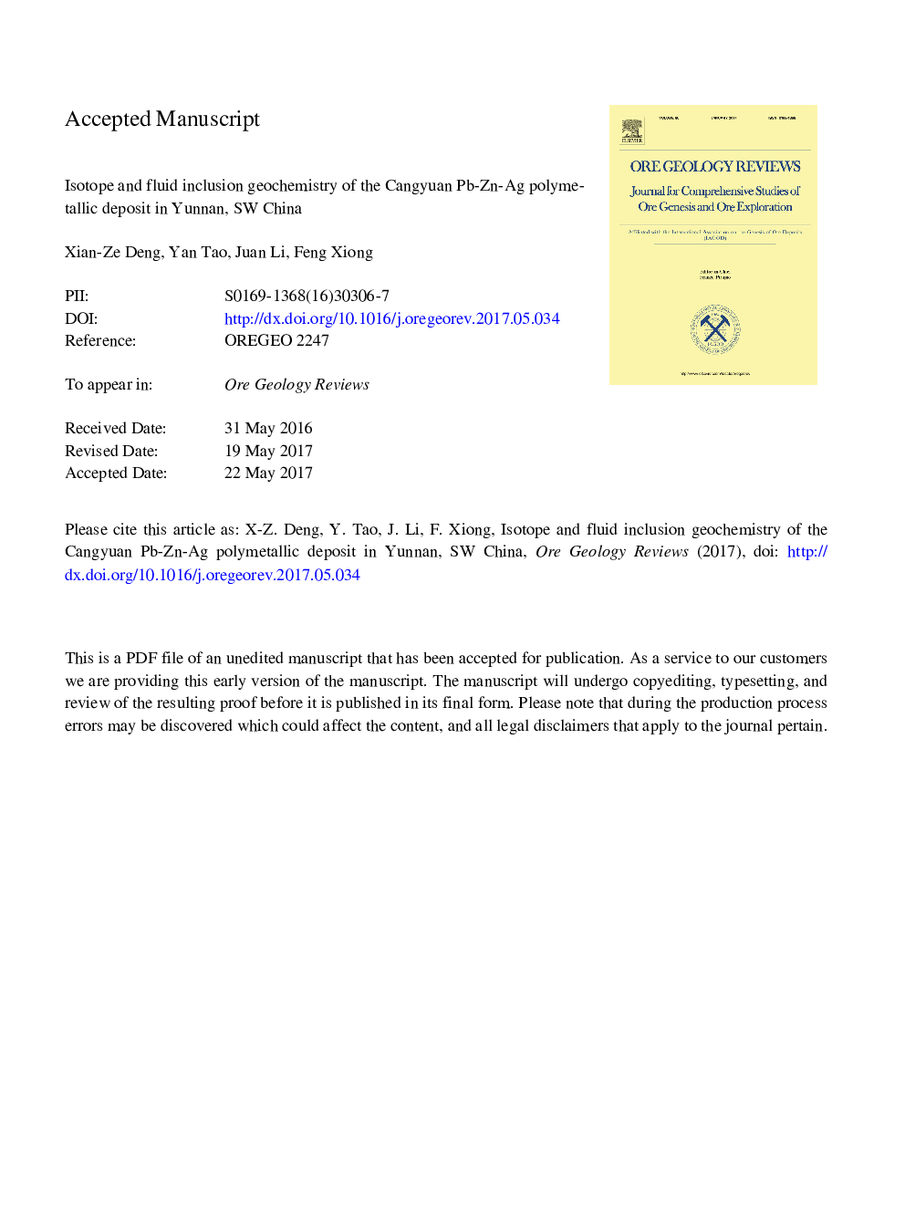 Isotope and fluid inclusion geochemistry of the Cangyuan Pb-Zn-Ag polymetallic deposit in Yunnan, SW China