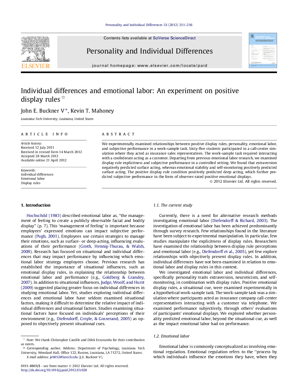 Individual differences and emotional labor: An experiment on positive display rules 