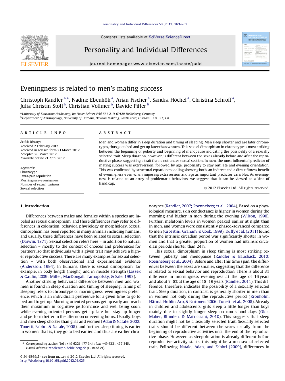 Eveningness is related to men’s mating success