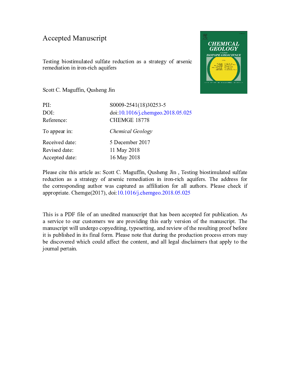 عکس صفحه اول مقاله: Testing biostimulated sulfate reduction as a strategy of arsenic remediation in iron-rich aquifers Testing biostimulated sulfate reduction as a strategy of arsenic remediation in iron-rich aquifers