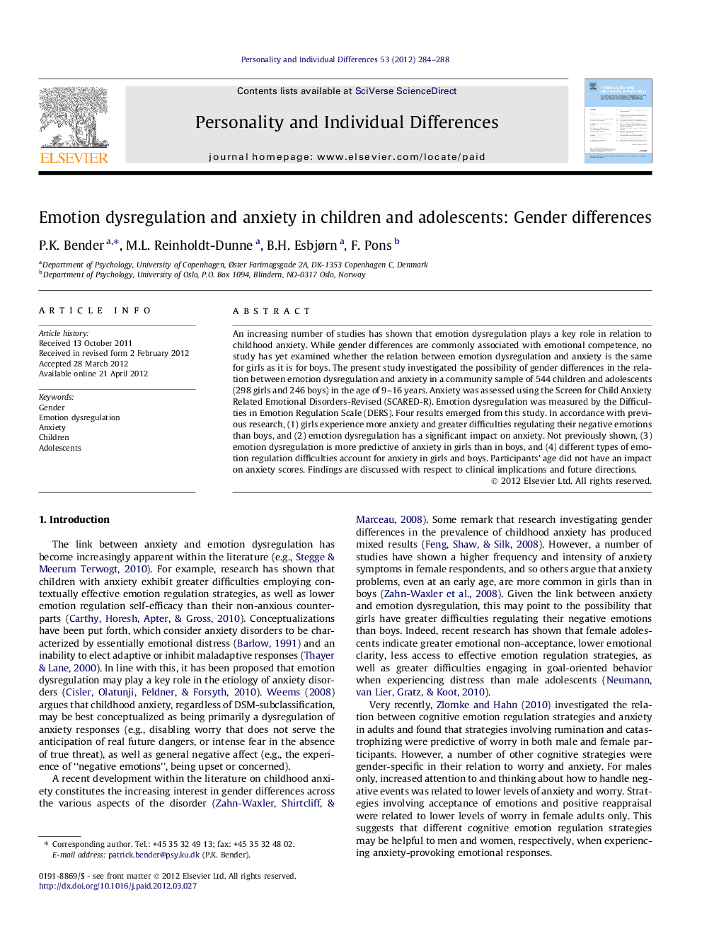 Emotion dysregulation and anxiety in children and adolescents: Gender differences