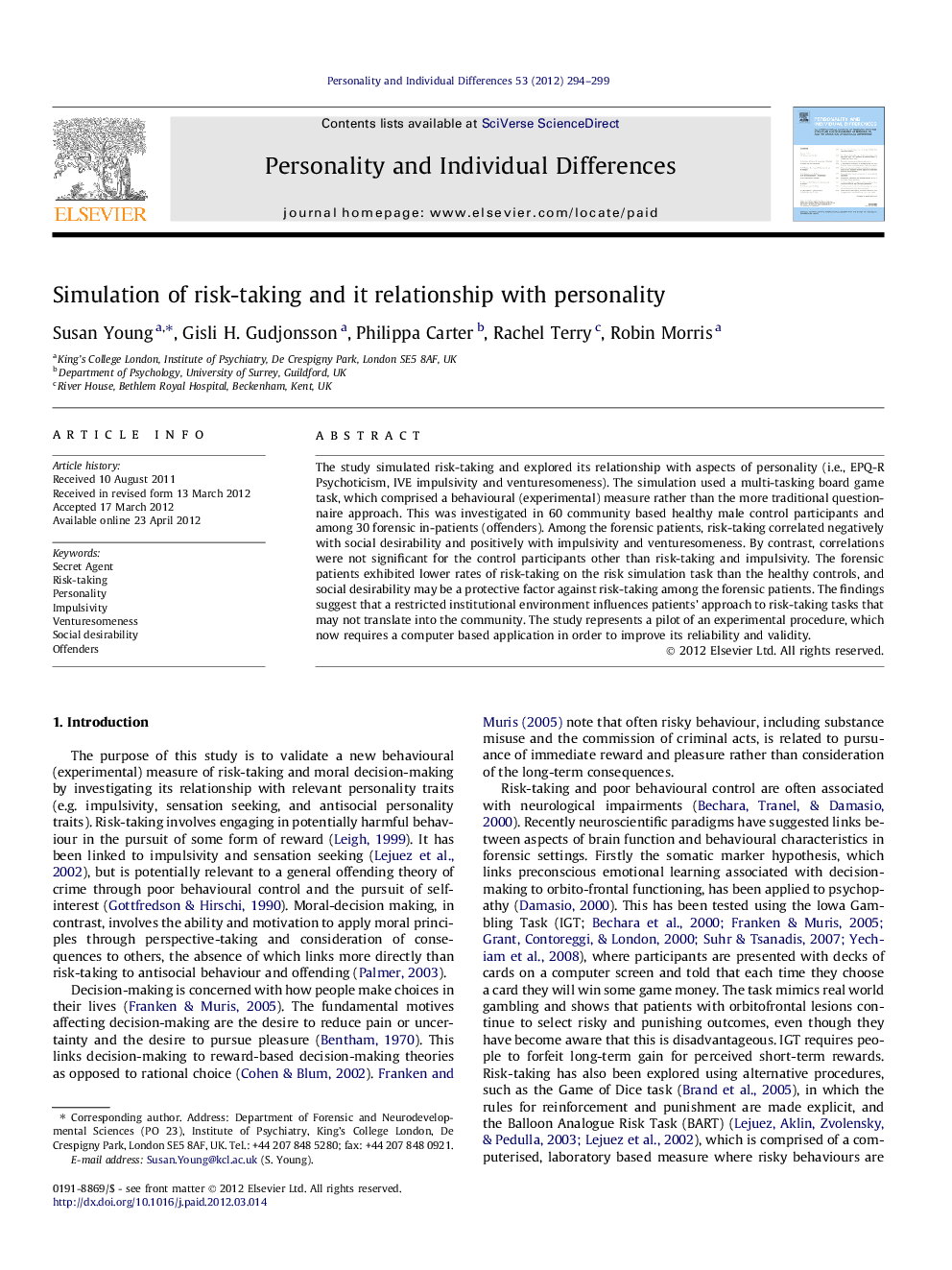 Simulation of risk-taking and it relationship with personality