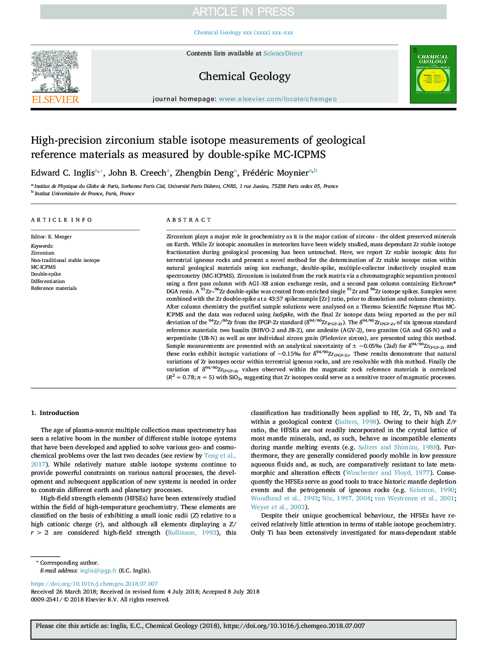 High-precision zirconium stable isotope measurements of geological reference materials as measured by double-spike MC-ICPMS