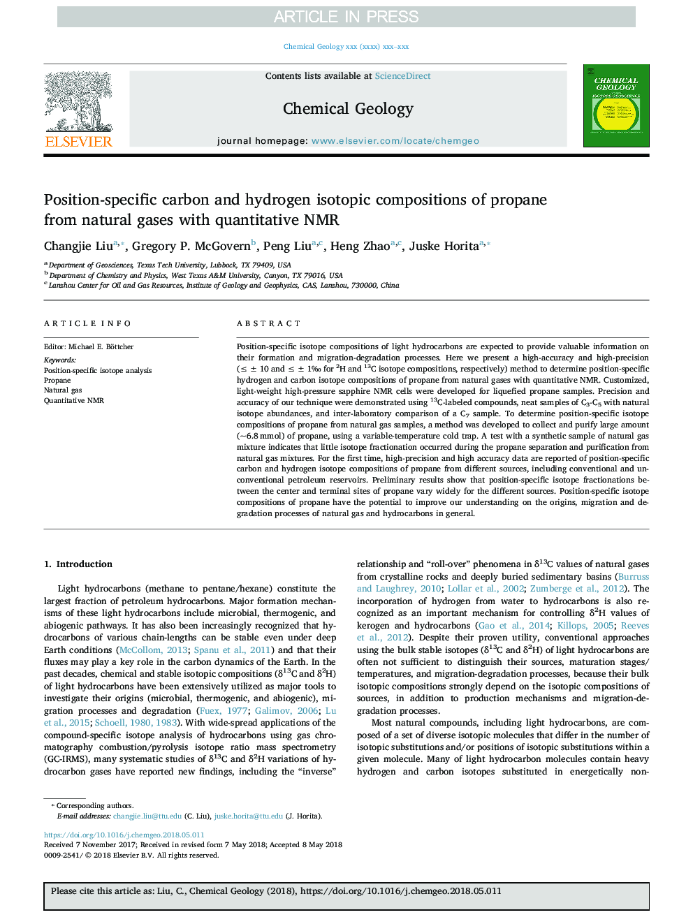 Position-specific carbon and hydrogen isotopic compositions of propane from natural gases with quantitative NMR