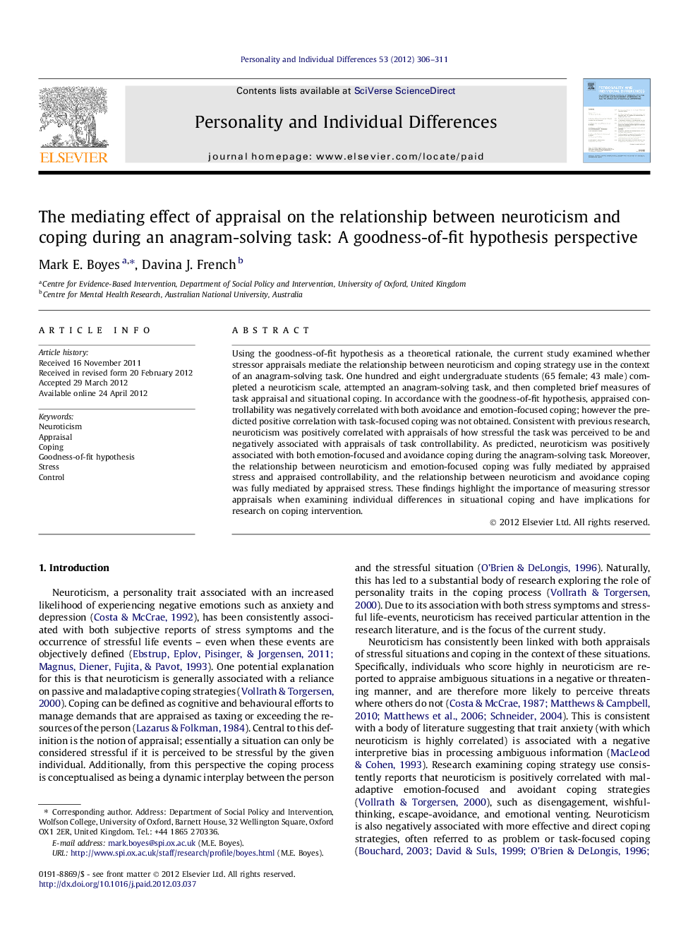 The mediating effect of appraisal on the relationship between neuroticism and coping during an anagram-solving task: A goodness-of-fit hypothesis perspective