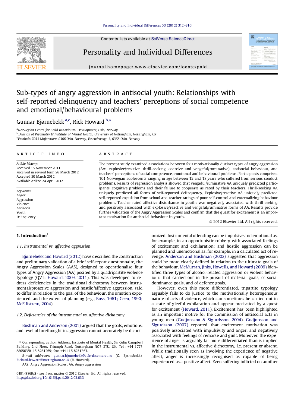 Sub-types of angry aggression in antisocial youth: Relationships with self-reported delinquency and teachers’ perceptions of social competence and emotional/behavioural problems