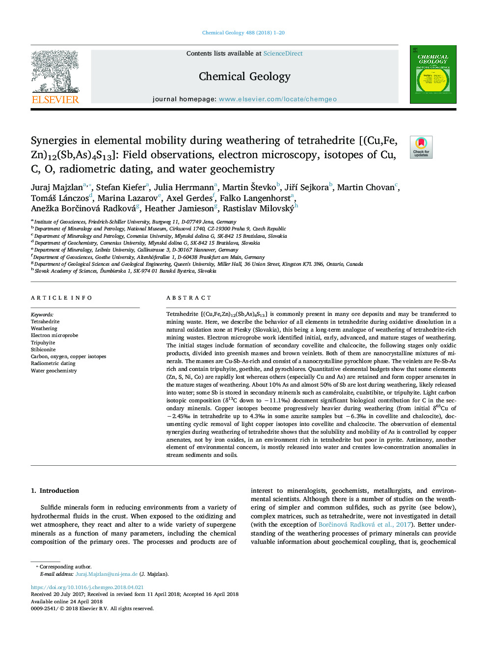 Synergies in elemental mobility during weathering of tetrahedrite [(Cu,Fe,Zn)12(Sb,As)4S13]: Field observations, electron microscopy, isotopes of Cu, C, O, radiometric dating, and water geochemistry