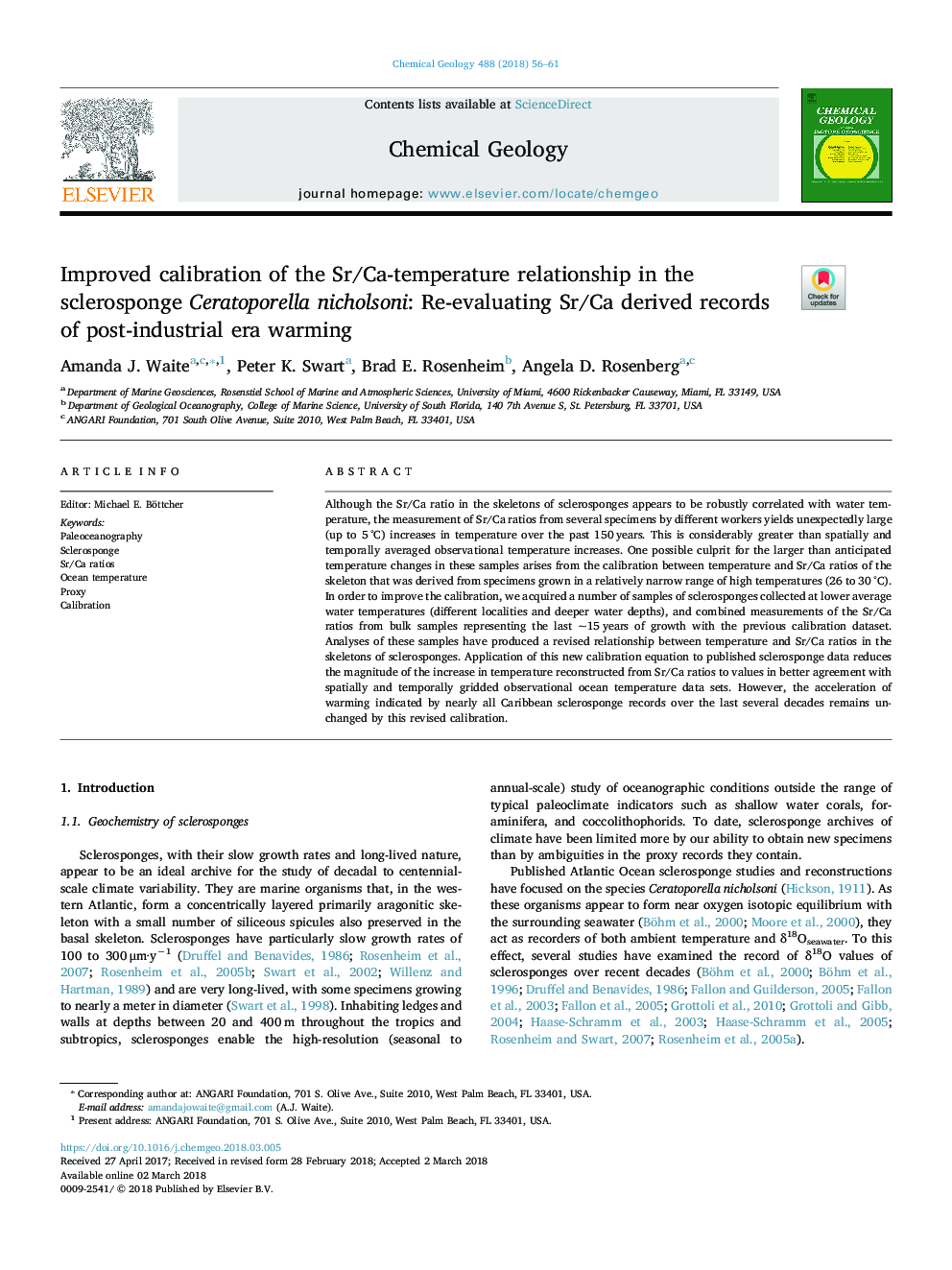 Improved calibration of the Sr/Ca-temperature relationship in the sclerosponge Ceratoporella nicholsoni: Re-evaluating Sr/Ca derived records of post-industrial era warming