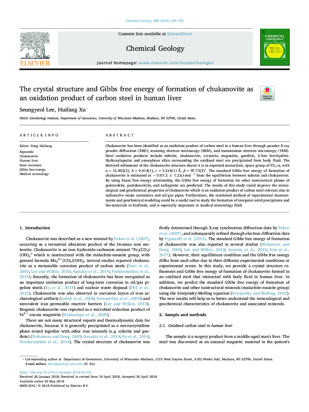 The crystal structure and Gibbs free energy of formation of chukanovite as an oxidation product of carbon steel in human liver