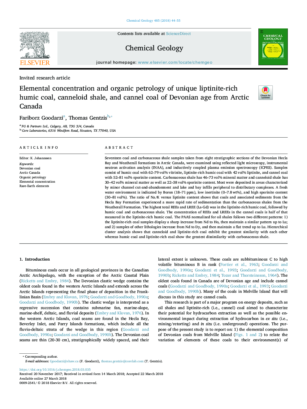 Elemental concentration and organic petrology of unique liptinite-rich humic coal, canneloid shale, and cannel coal of Devonian age from Arctic Canada