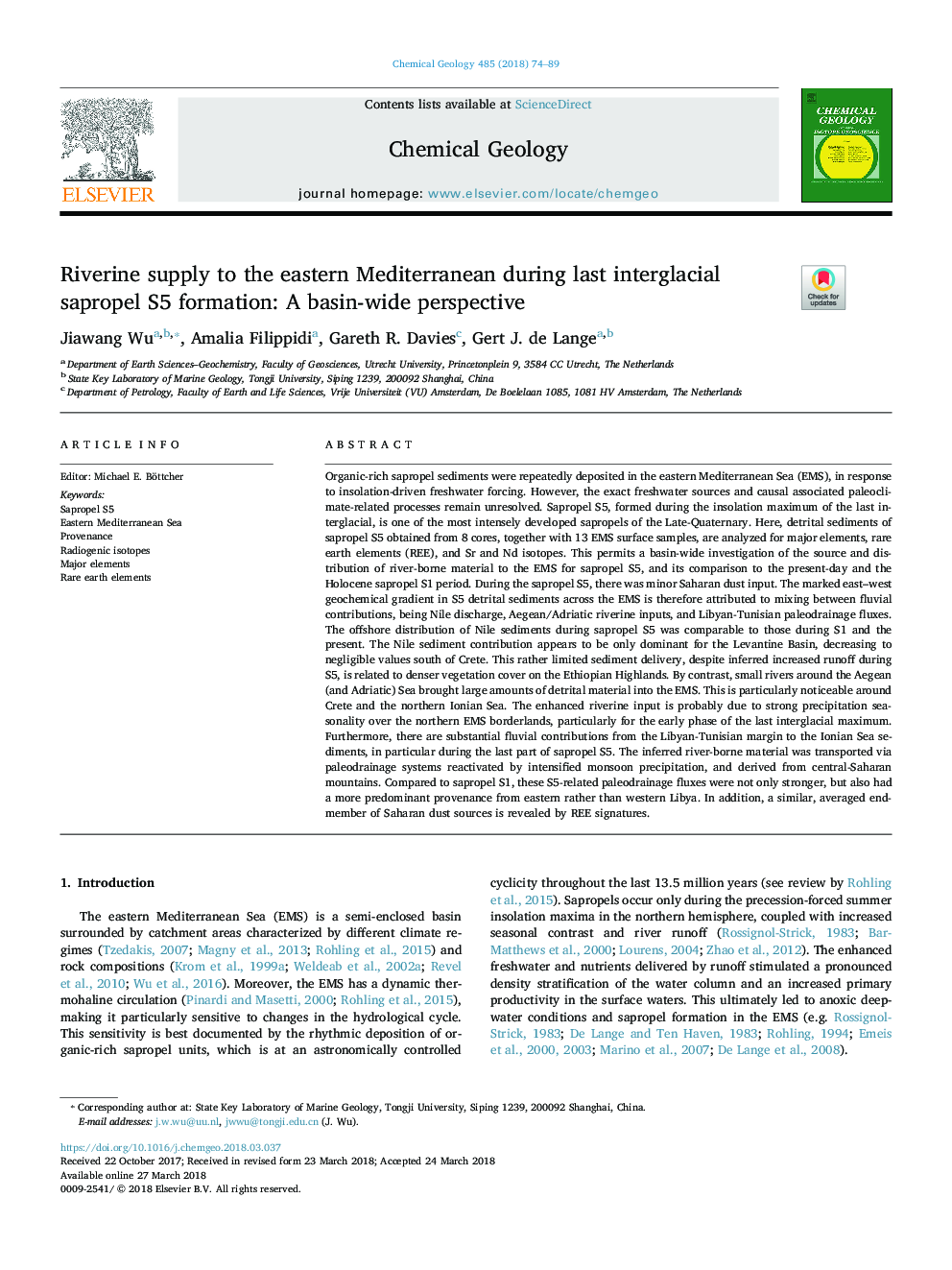 Riverine supply to the eastern Mediterranean during last interglacial sapropel S5 formation: A basin-wide perspective