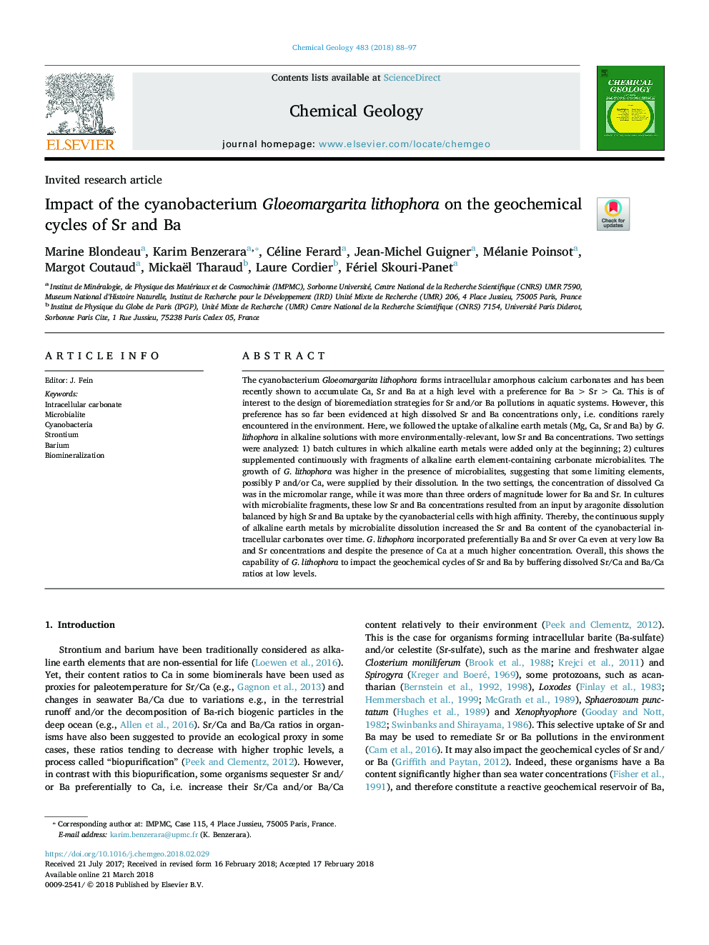 Impact of the cyanobacterium Gloeomargarita lithophora on the geochemical cycles of Sr and Ba