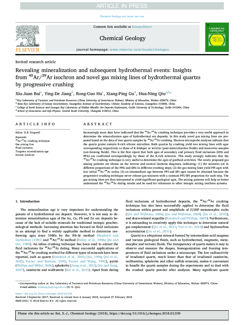 Revealing mineralization and subsequent hydrothermal events: Insights from 40Ar/39Ar isochron and novel gas mixing lines of hydrothermal quartzs by progressive crushing