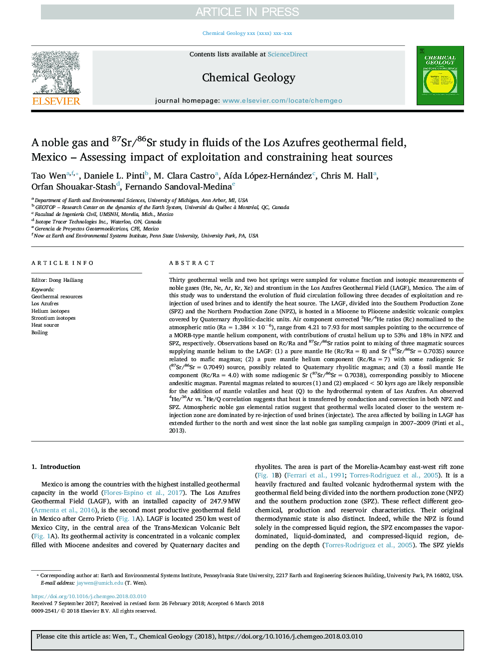 A noble gas and 87Sr/86Sr study in fluids of the Los Azufres geothermal field, Mexico - Assessing impact of exploitation and constraining heat sources