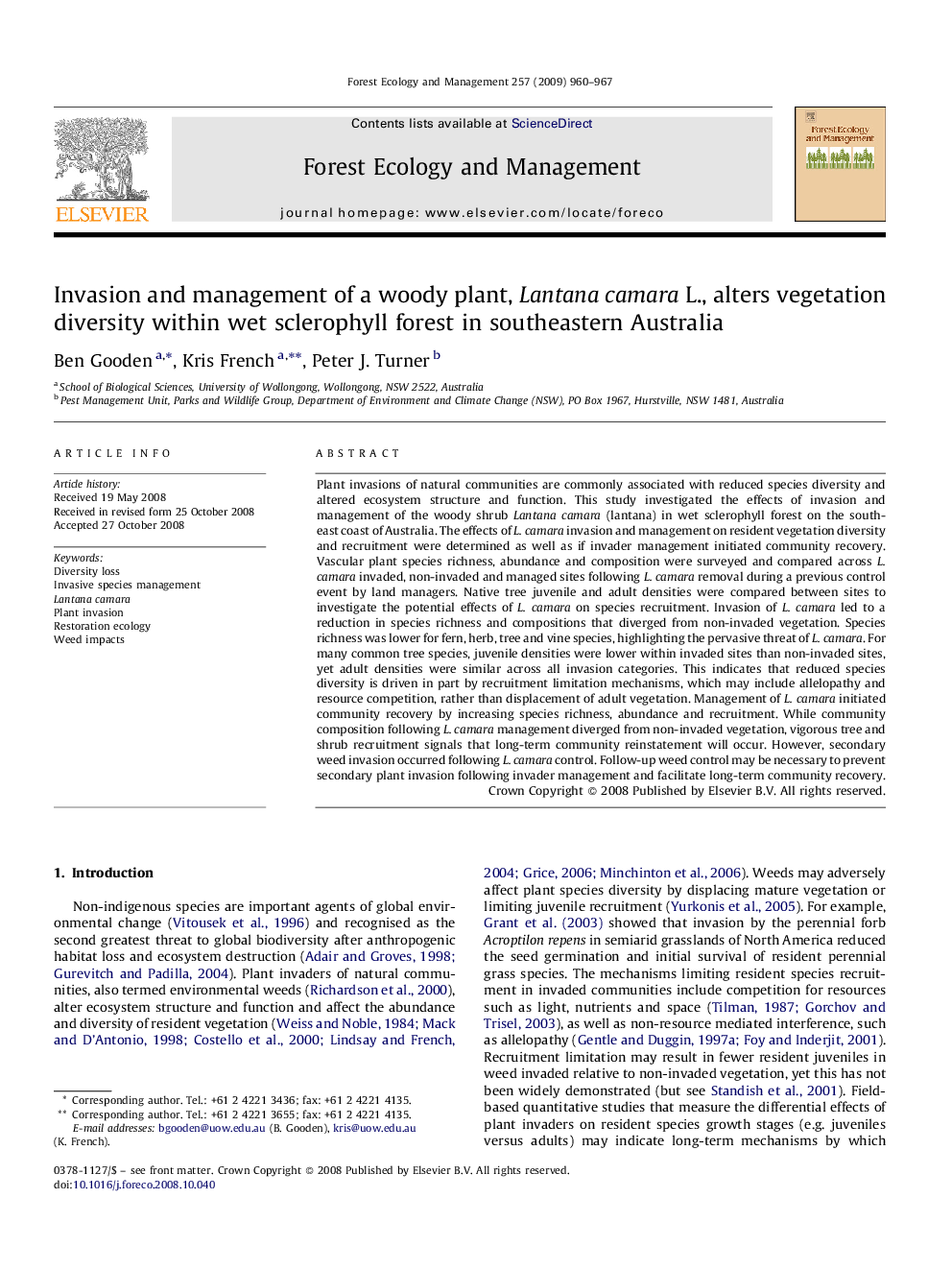 Invasion and management of a woody plant, Lantana camara L., alters vegetation diversity within wet sclerophyll forest in southeastern Australia