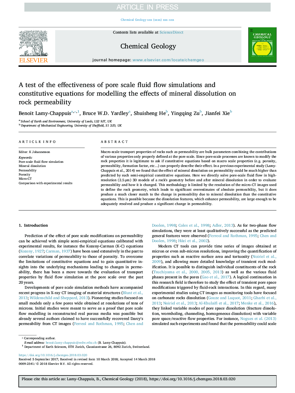 A test of the effectiveness of pore scale fluid flow simulations and constitutive equations for modelling the effects of mineral dissolution on rock permeability