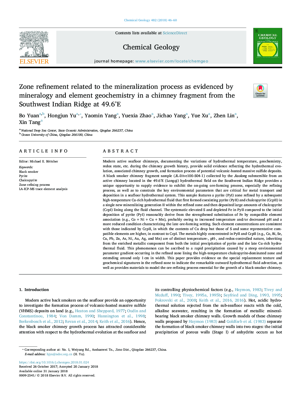 Zone refinement related to the mineralization process as evidenced by mineralogy and element geochemistry in a chimney fragment from the Southwest Indian Ridge at 49.6Â°E