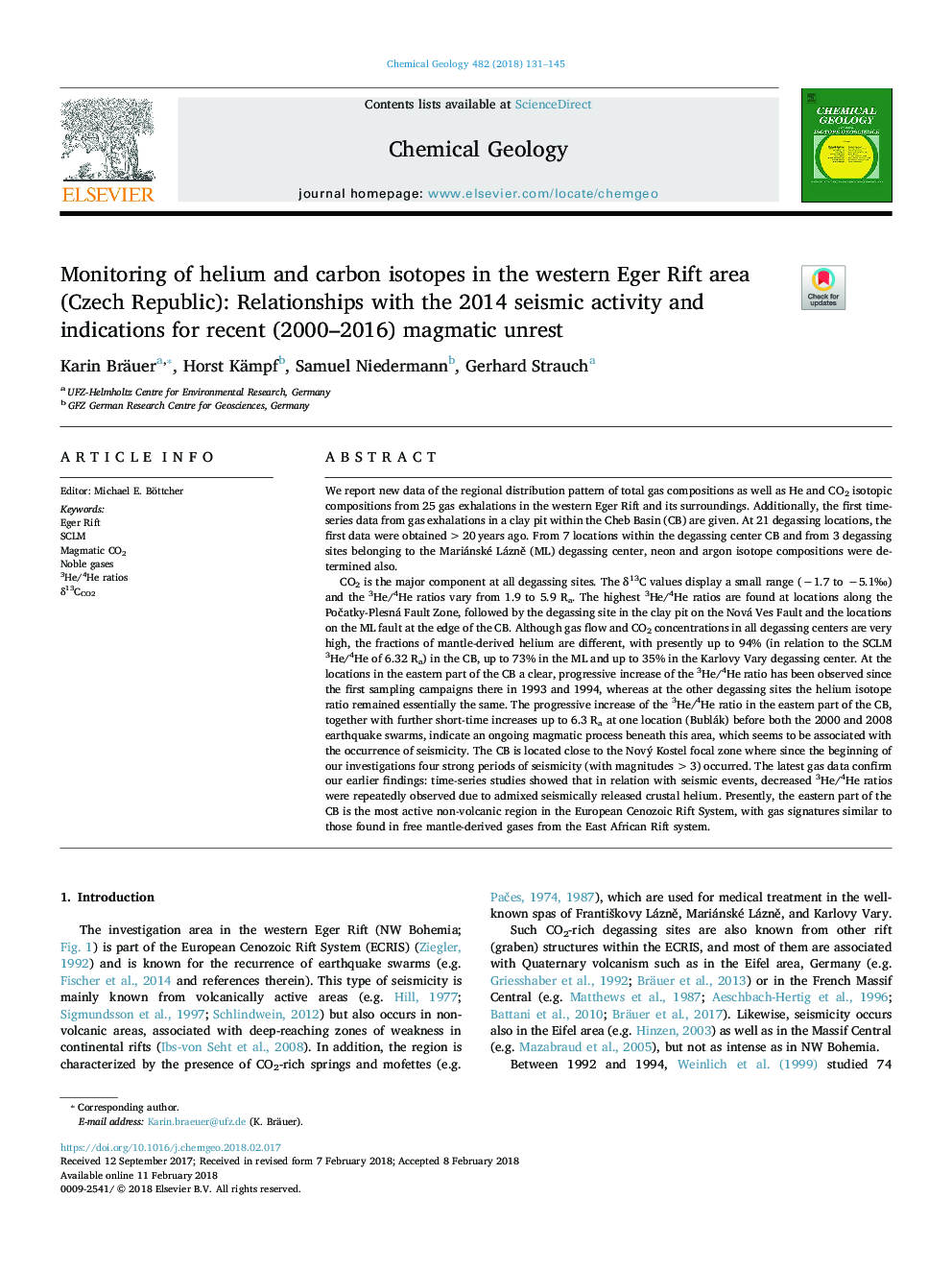 Monitoring of helium and carbon isotopes in the western Eger Rift area (Czech Republic): Relationships with the 2014 seismic activity and indications for recent (2000-2016) magmatic unrest