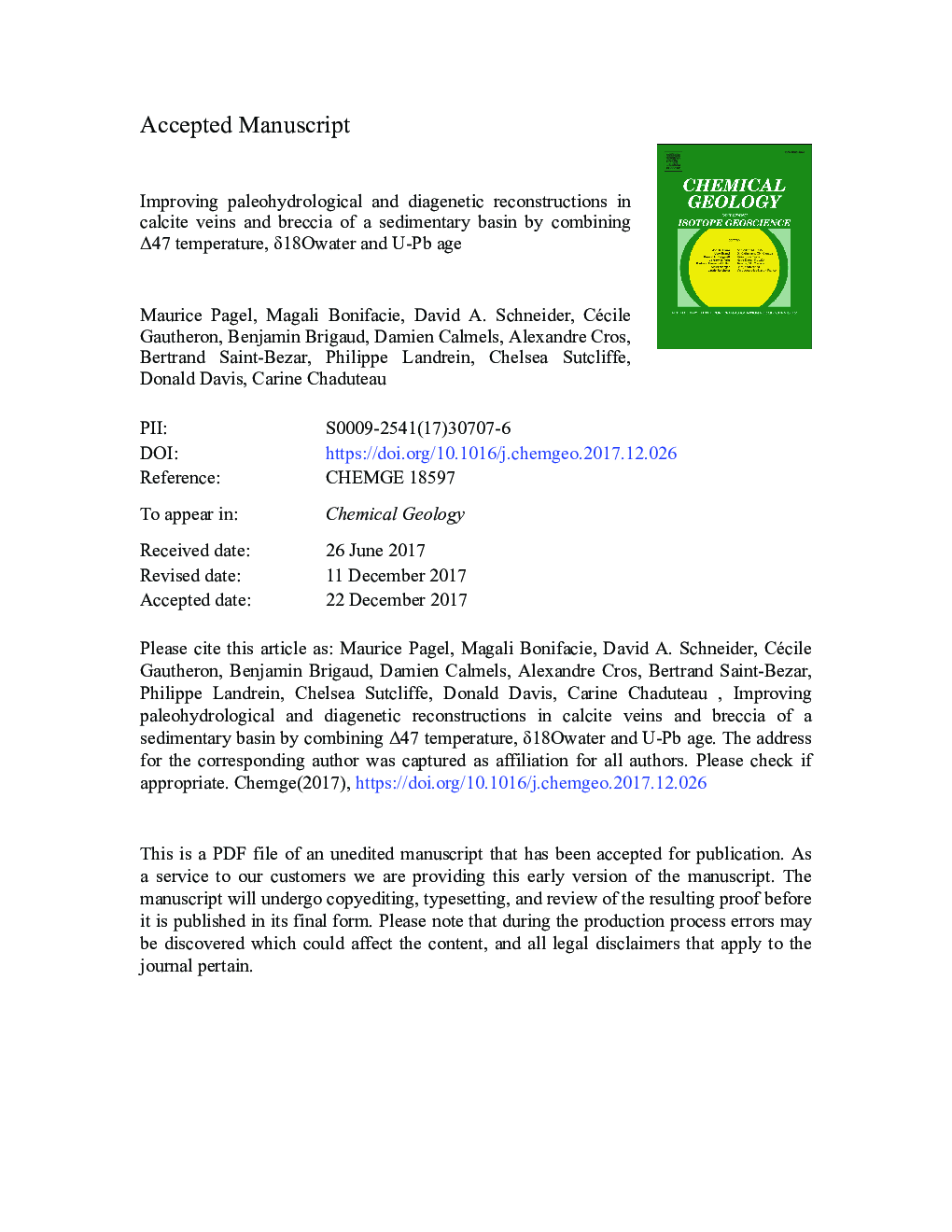 Improving paleohydrological and diagenetic reconstructions in calcite veins and breccia of a sedimentary basin by combining Î47 temperature, Î´18Owater and U-Pb age