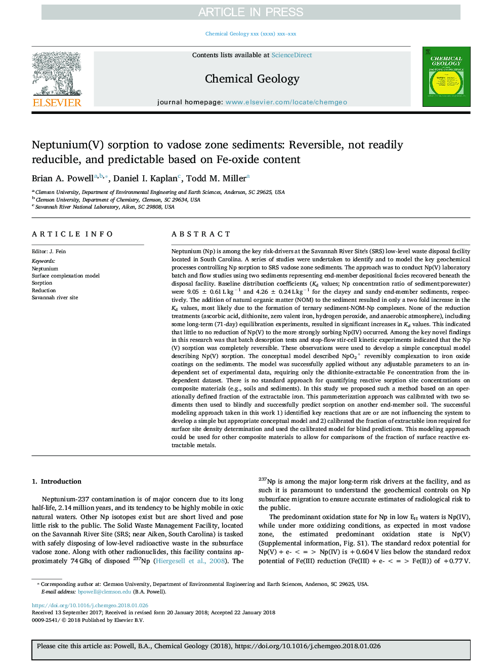 Neptunium(V) sorption to vadose zone sediments: Reversible, not readily reducible, and predictable based on Fe-oxide content