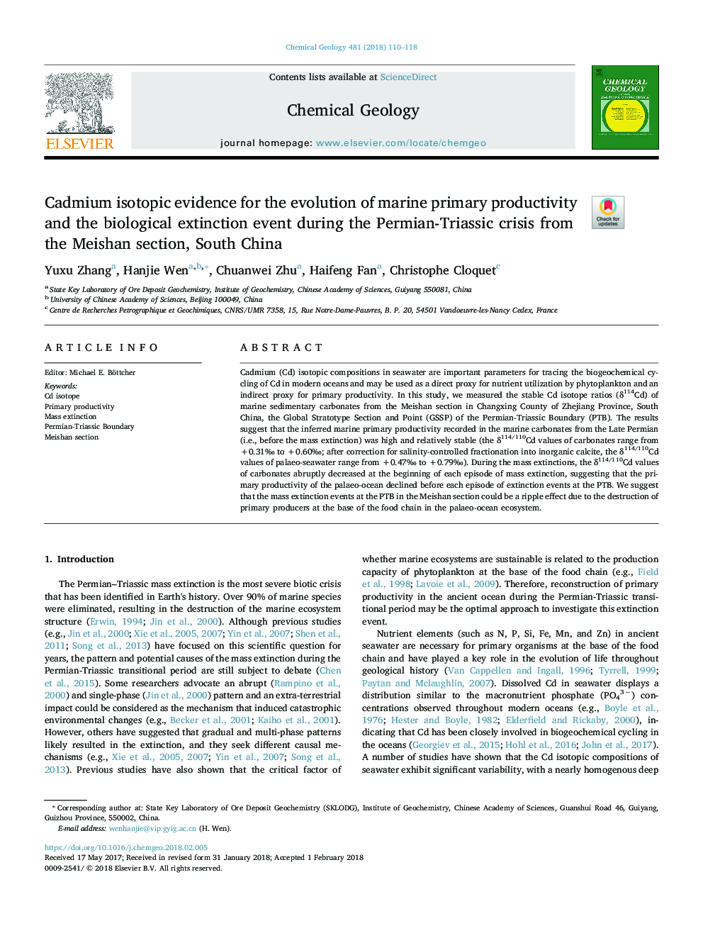 Cadmium isotopic evidence for the evolution of marine primary productivity and the biological extinction event during the Permian-Triassic crisis from the Meishan section, South China