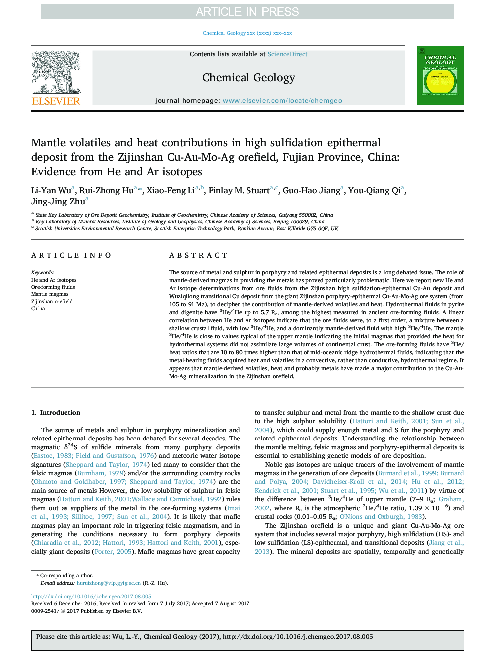 Mantle volatiles and heat contributions in high sulfidation epithermal deposit from the Zijinshan Cu-Au-Mo-Ag orefield, Fujian Province, China: Evidence from He and Ar isotopes