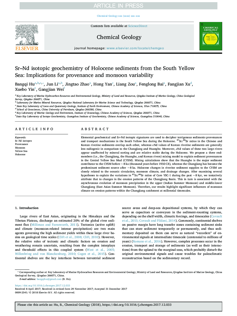 Sr-Nd isotopic geochemistry of Holocene sediments from the South Yellow Sea: Implications for provenance and monsoon variability