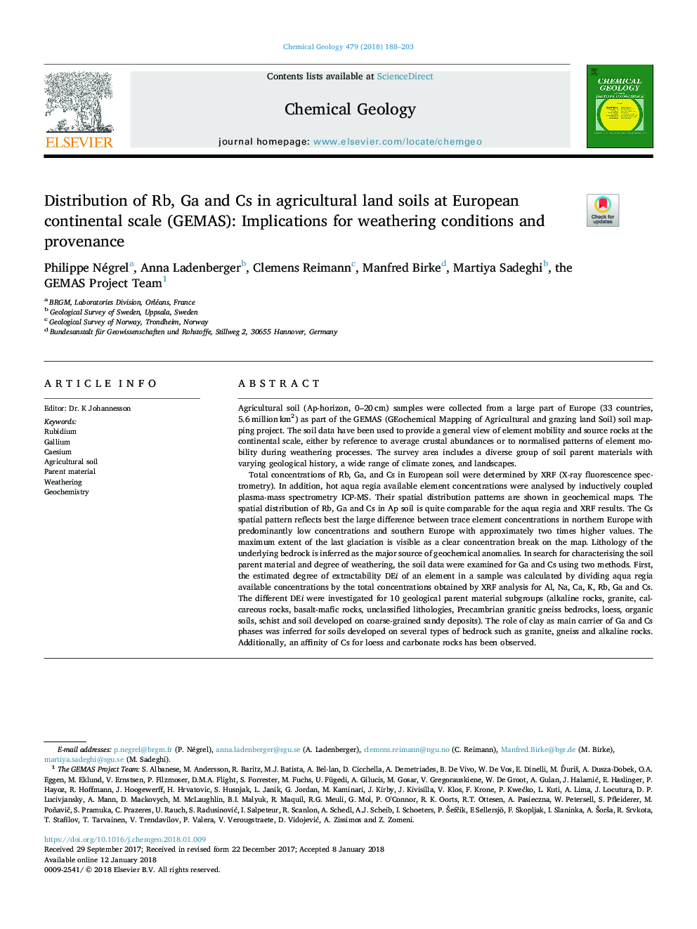 Distribution of Rb, Ga and Cs in agricultural land soils at European continental scale (GEMAS): Implications for weathering conditions and provenance