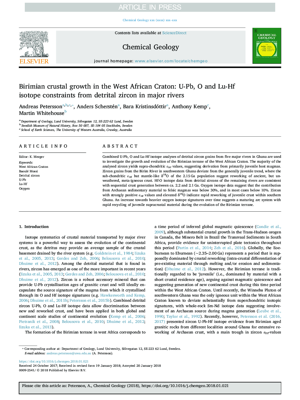 Birimian crustal growth in the West African Craton: U-Pb, O and Lu-Hf isotope constraints from detrital zircon in major rivers