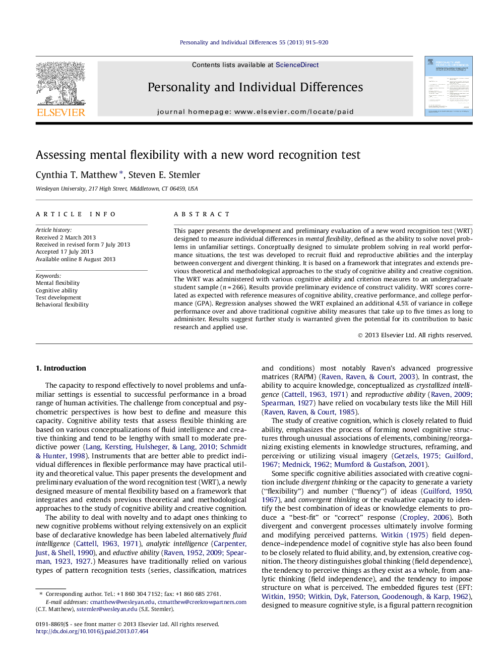 Assessing mental flexibility with a new word recognition test