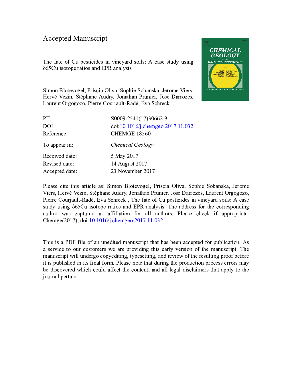 The fate of Cu pesticides in vineyard soils: A case study using Î´65Cu isotope ratios and EPR analysis