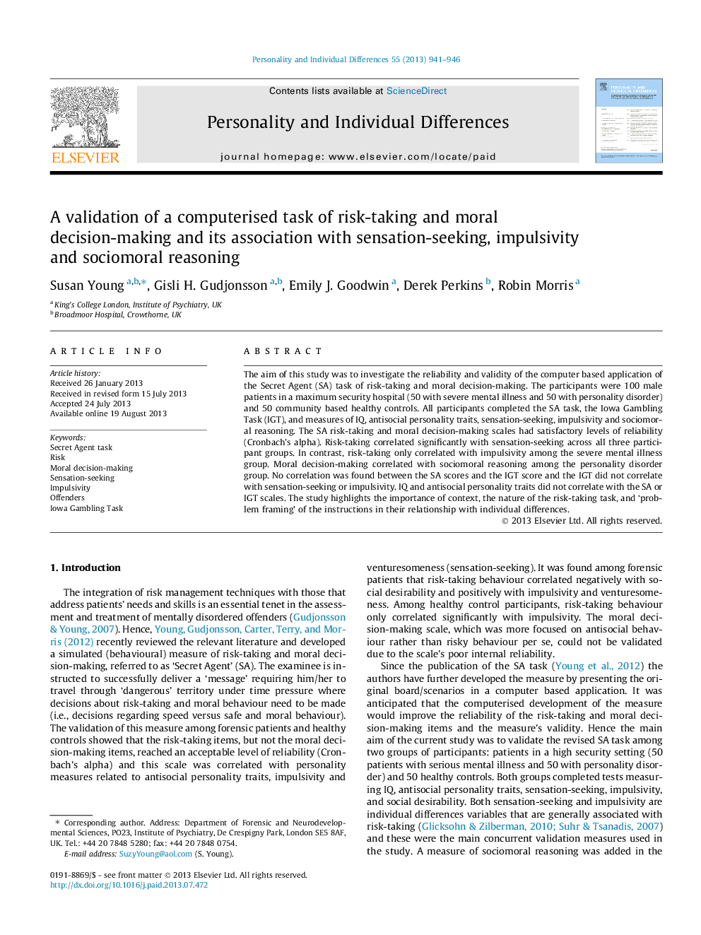 A validation of a computerised task of risk-taking and moral decision-making and its association with sensation-seeking, impulsivity and sociomoral reasoning