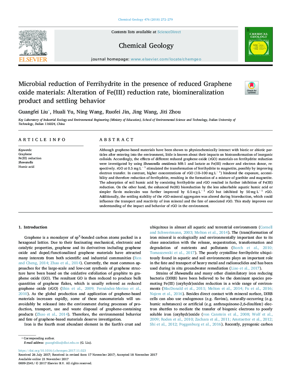 Microbial reduction of Ferrihydrite in the presence of reduced Graphene oxide materials: Alteration of Fe(III) reduction rate, biomineralization product and settling behavior