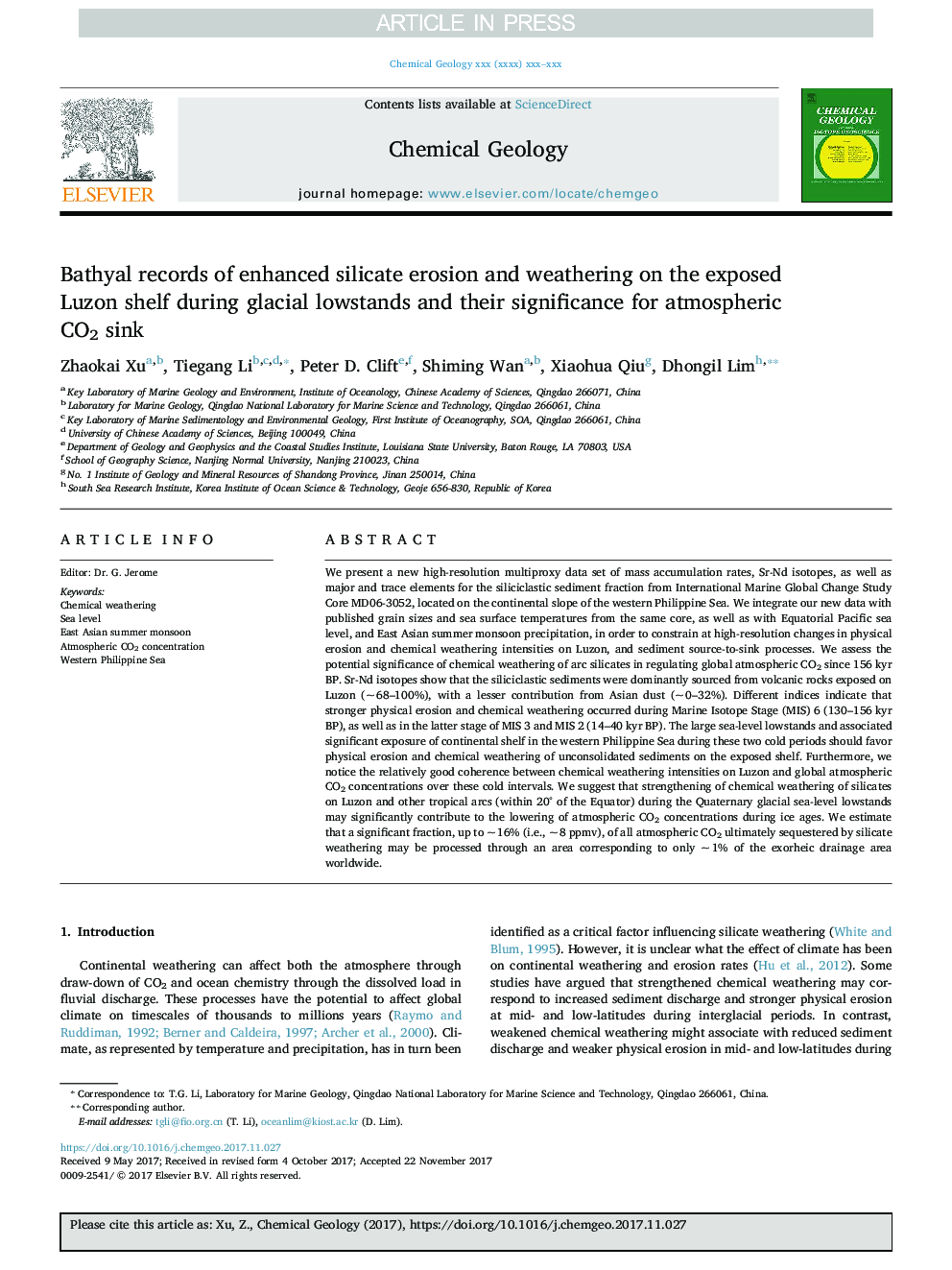 Bathyal records of enhanced silicate erosion and weathering on the exposed Luzon shelf during glacial lowstands and their significance for atmospheric CO2 sink