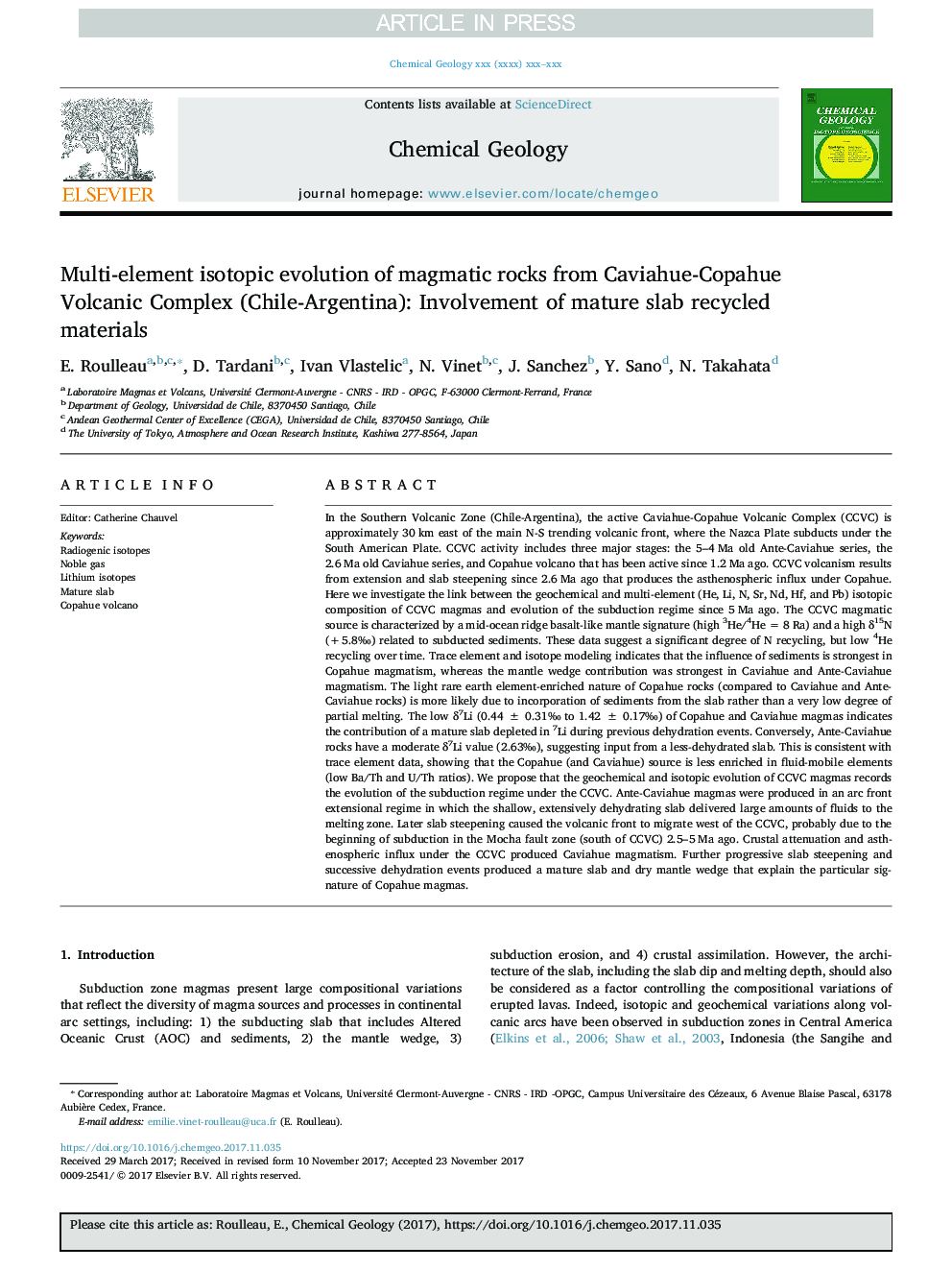 Multi-element isotopic evolution of magmatic rocks from Caviahue-Copahue Volcanic Complex (Chile-Argentina): Involvement of mature slab recycled materials