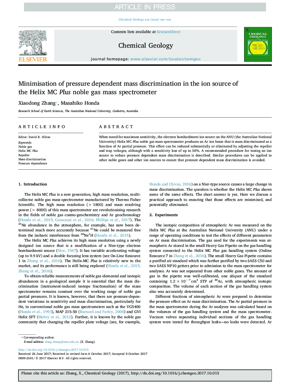 Minimisation of pressure dependent mass discrimination in the ion source of the Helix MC Plus noble gas mass spectrometer