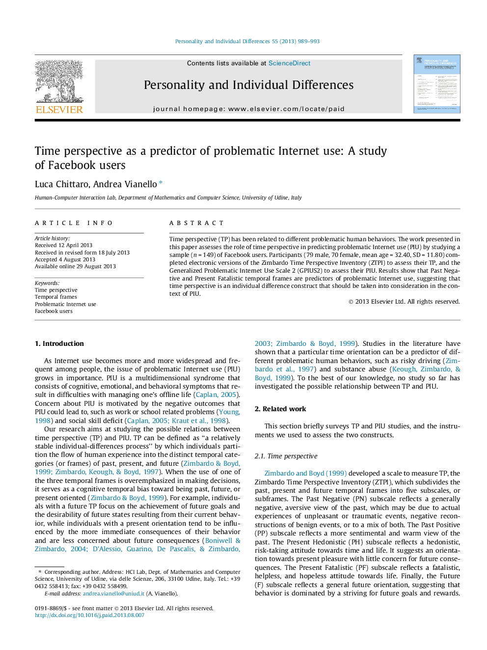 Time perspective as a predictor of problematic Internet use: A study of Facebook users