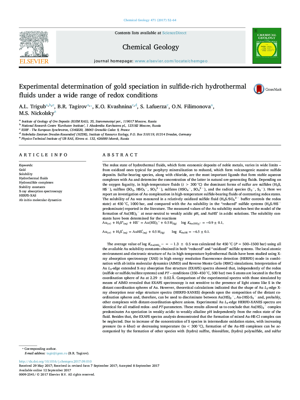 Experimental determination of gold speciation in sulfide-rich hydrothermal fluids under a wide range of redox conditions