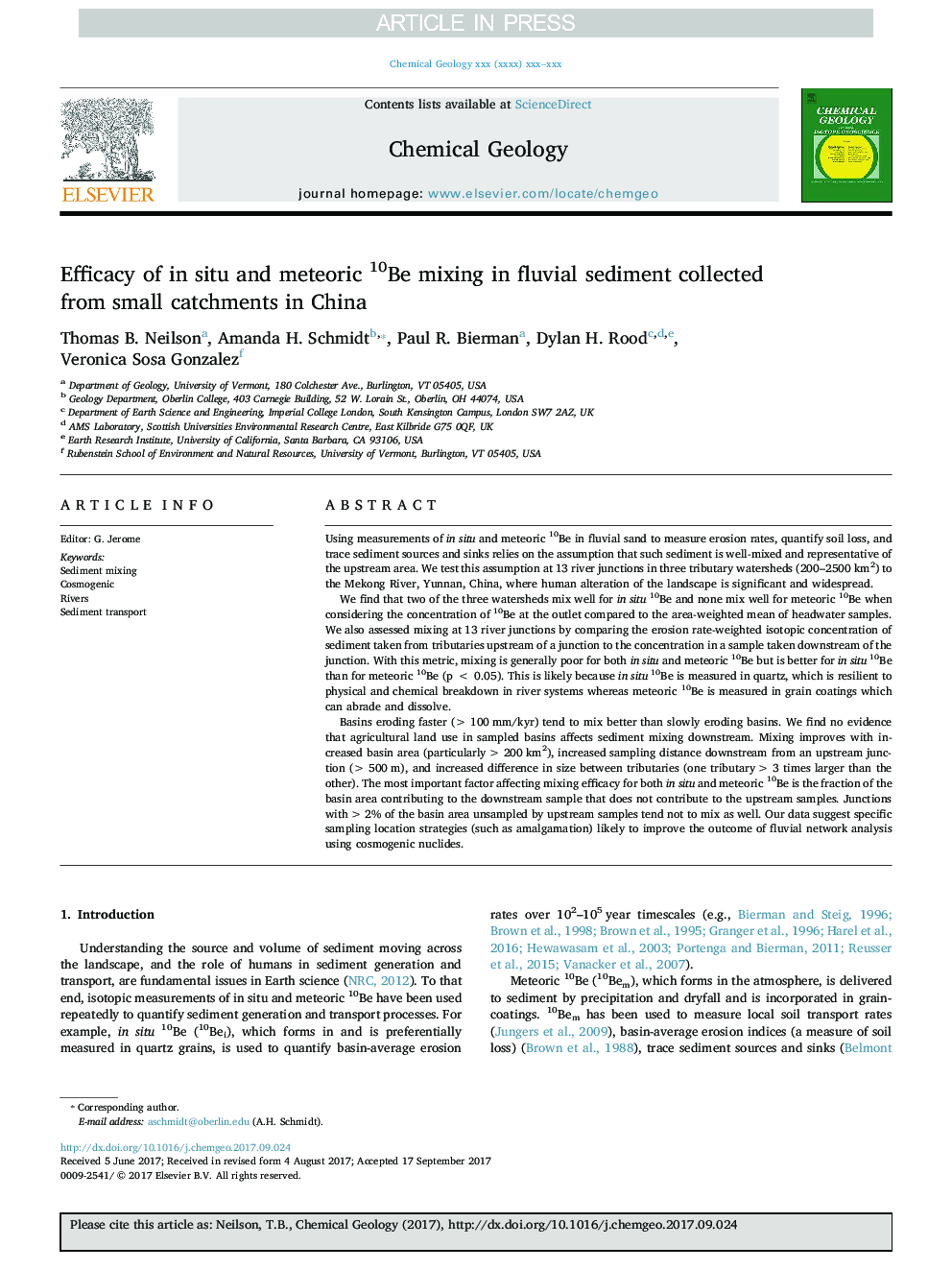 Efficacy of in situ and meteoric 10Be mixing in fluvial sediment collected from small catchments in China