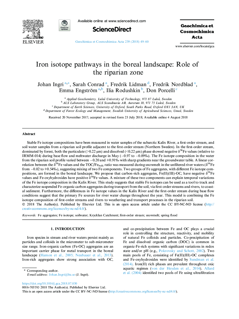 Iron isotope pathways in the boreal landscape: Role of the riparian zone