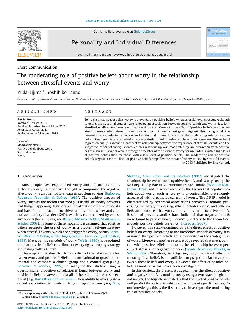 The moderating role of positive beliefs about worry in the relationship between stressful events and worry